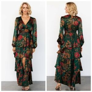 Baltic Born Montrouge Emerald Floral Satin Tiered Maxi Dress